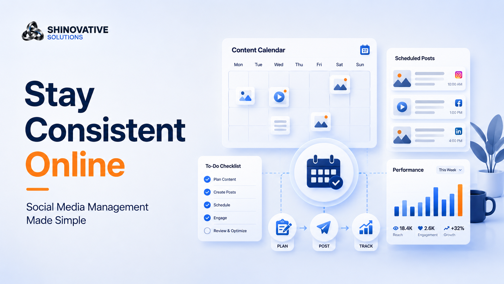 Premium minimal illustration of social media management with a content calendar, scheduled posts, engagement messages, and performance tracking.